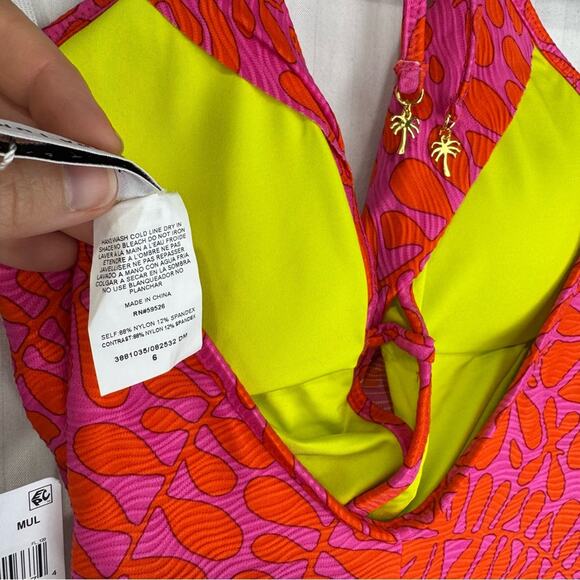 Trina Turk Trellis Plunge Vibrant Pink & Yellow One Piece Swimsuit Size 6 Luxury - Picture 5 of 5